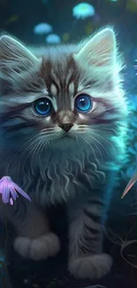 Adorable kitten in a glowing forest with neon flowers, creating a magical scene.