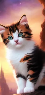 A cute kitten in a vibrant fantasy landscape.