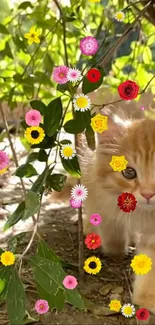 Cute kitten nestled among colorful flowers in nature.