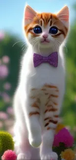 Adorable kitten with blue eyes and purple bow tie in a floral meadow.