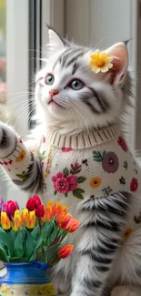 Kitten wearing a floral sweater by the window.
