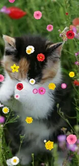 Cute calico kitten in a vibrant flower field, covering its eyes playfully.