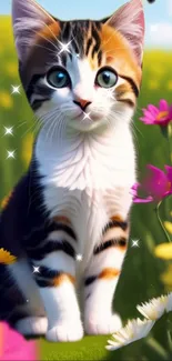 Adorable kitten sitting in a vibrant flower field with a bright green background.