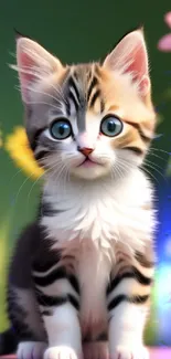 Adorable kitten sitting in a colorful flower garden.