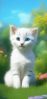 Cute white kitten sitting in a vibrant flower garden.