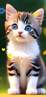 Cute kitten with blue eyes in a colorful garden setting.