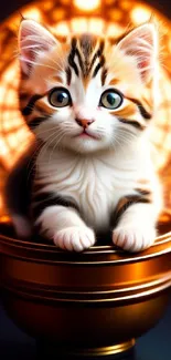 Adorable kitten in a warm golden light, creating a cute and charming phone wallpaper.