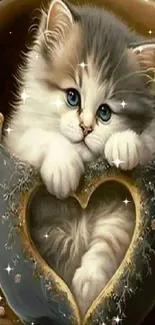 Fluffy kitten in a heart-shaped mug, perfect for mobile wallpaper.