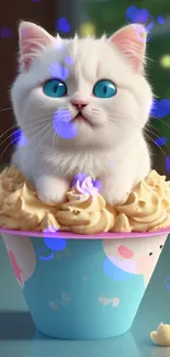 Cute white kitten with blue eyes in an ice cream cup.