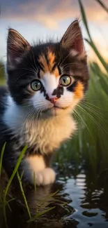 Adorable kitten in green nature with water reflection.