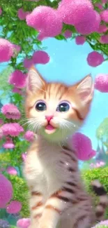 Whimsical scene of kitten in pink blossoms.