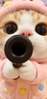 Cute kitten in pink hoodie looking adorable.