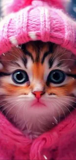 Cute kitten in a pink hoodie with snowflakes, perfect for winter wallpaper.