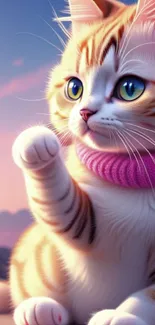 Cute kitten in pink scarf with striking blue eyes on a mobile wallpaper.