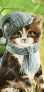 Adorable kitten in hat and scarf under leaf.