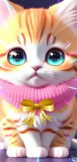 Cute orange kitten with scarf and bow on purple background.