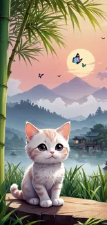 Cute kitten in a serene landscape with bamboo, mountains, and butterflies.