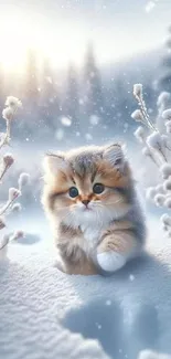 Adorable fluffy kitten in a snowy landscape with serene winter scene.