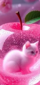 White kitten inside a sparkling pink apple with cherry blossoms.