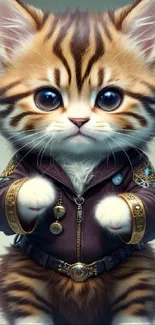 Adorable kitten in a leather jacket with large eyes on a soft shaded background.