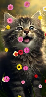 Playful kitten sitting in a sunlit meadow with flowers.