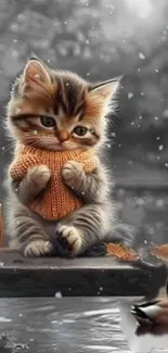 Cute kitten in a warm sweater sitting on a table with falling snow.