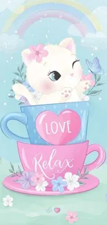 Cute kitten relaxing in colorful teacups under a pastel rainbow.