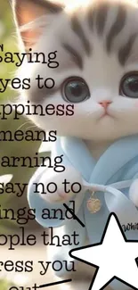 Cute kitten in blue costume with an inspirational quote.