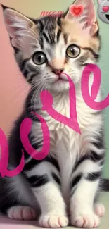 Adorable kitten with 'love' text and emoji on colorful background.