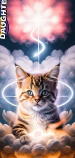 Adorable kitten surrounded by magical clouds and light in a playful wallpaper.