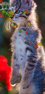 Adorable gray kitten surrounded by colorful autumn leaves.