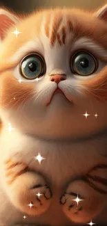 Adorable fluffy kitten with big eyes on phone wallpaper.