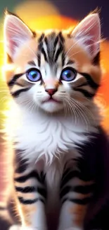 Fluffy kitten with blue eyes on a colorful bokeh background.