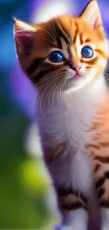 Orange and white kitten with blue eyes against a colorful bokeh background.