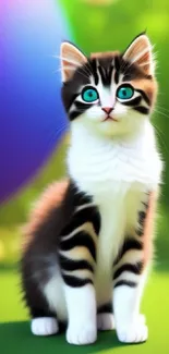 Cute kitten with blue eyes on vibrant green background.