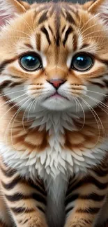 Cute kitten with blue eyes and fluffy orange fur on mobile wallpaper.