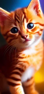 Adorable orange kitten with bright blue eyes against a soft colorful background.