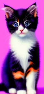 Cute kitten with blue eyes on pink background.