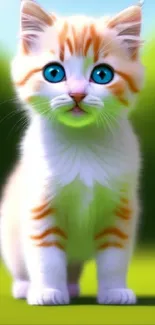 Fluffy kitten with blue eyes on a green background, perfect for mobile wallpaper.