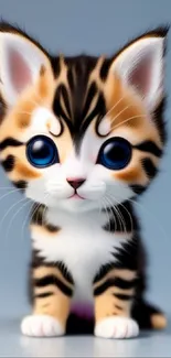 Adorable kitten with big eyes on a soft blue background.