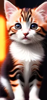 Cute kitten with orange-black stripes and bright blue eyes on a mobile wallpaper.