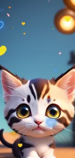 Adorable cartoon kitten with large eyes, blue background.