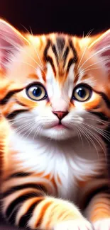 Lifelike kitten with orange stripes and bright eyes on a dark background.