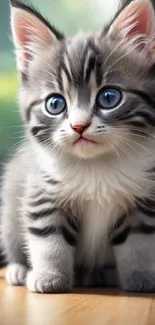 Adorable kitten with blue eyes and fluffy fur on a wooden floor.