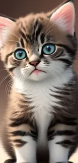 Adorable brown kitten with blue eyes sitting.