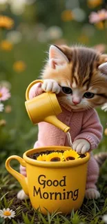 Cute kitten pours water into a yellow mug.