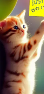 Adorable kitten reaching for a motivational note with 'Just Do It!' message.