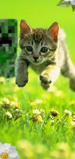 Cute kitten leaping in grassy meadow with flowers and vibrant colors.