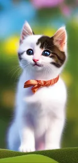 Adorable kitten with blue eyes in a lush green nature setting.