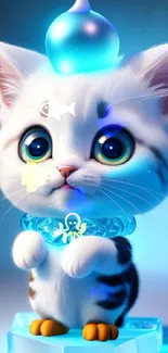 Adorable white kitten with blue eyes on a glowing blue platform.